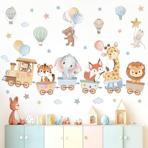 wondever Adesivi Murali Bambini Animali Treno Sticker da Muro Palloncini Animali Elefante Giraffa Stelle e Nuvole Adesivi da Parete per Asilo Nido Camerette Bambini