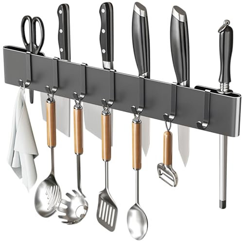 Portautensili da cucina in acciaio ad alto tenore di carbonio, senza perforazione, montaggio a parete, con ganci da cucina, porta utensili da cucina, organizer da cucina (grigio, 40 cm)