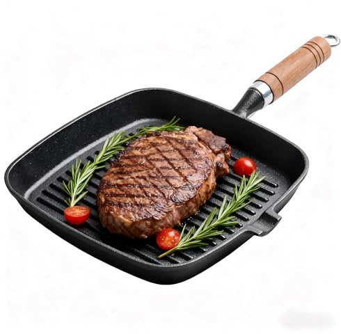 Tissting Grill con Rayas Cuadrado 8.7 pulgadas, Sartén Parrilla, Sartén Antiadherente, Sarténs de Hierro Fundido con Boquilla de Vertido, Sarténs Cuadrada Calentamiento Uniforme para Estufas Inducción