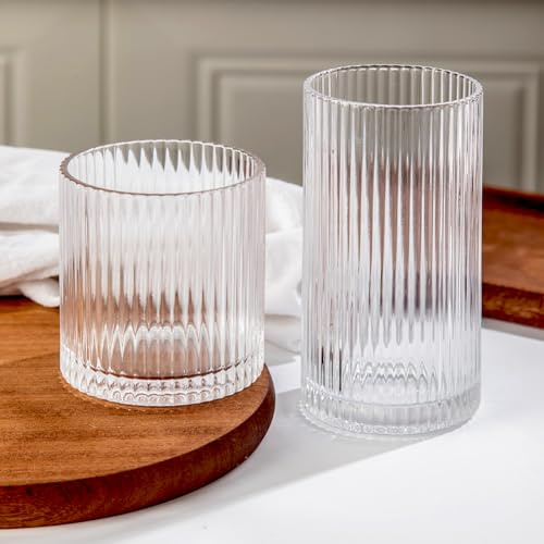 Lumkit Ribbed Drinking Glasses 8pcs, 12oz and 10oz Glassware, Tumbler Glasses Cup Set for Wedding, Party, Christmas Gift, Clear