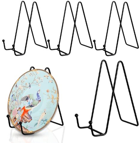 Coztie Metal Plate Stands for Display, 4 PCS Tabletop Picture Stand, Decorative Plate Stand, Plate Holder Display Stand Iron Easels for Books Photo Easels Creations 15 x 14 x 7.5 cm Black