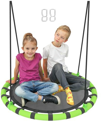 AIYAPLAY Kids Nest Swing Seat, Hanging Set with Height Adjustable Ropes for Kids, 100cm Diameter Round Saucer Swing Chair for Outdoor, Garden, Black/Green