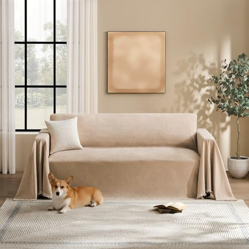 Maymiss Couch Cover for Dogs Sectional Sofa Covers Washable for 2 Cushion Couch, Chenille Couch Cover Blanket, Sectional Sofa Slipcovers, Multi-Use Furniture Protector for Kids, Pets, 71 X118, Sand