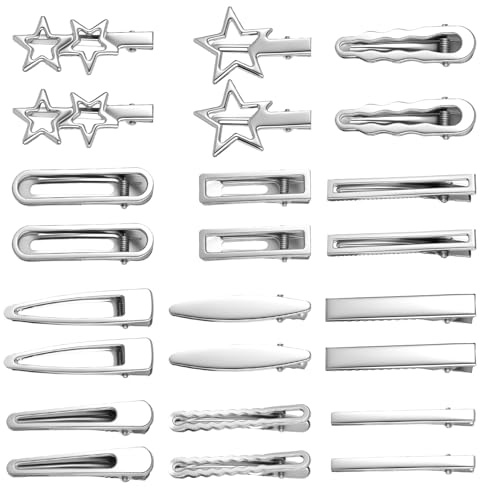 24 PCS Y2k Hair Clips Silver Hair Clips for Women, 12 Shapes Metal Silver Hair Accessories for Girls Star Hairclips Metal Barrettes Alligator Clips for Hair Styling Star Hairpin Cool Hairpin Set