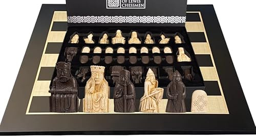 Isle of Lewis Chess Set, Black & Anegre Wood Board, Medieval Theme, 51 x 51 cm, with Presentation Box
