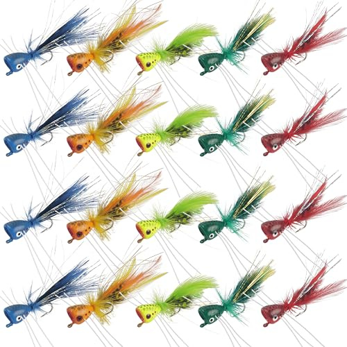 Fly Fishing Popper Flies, 10pcs/20pcs Dry Flies Bass Popper Fly Lures Topwater Panfish Bluegill Crappie Popping Bug Flies Sunfish Trout Salmon Flies Kit for Fly Fishing