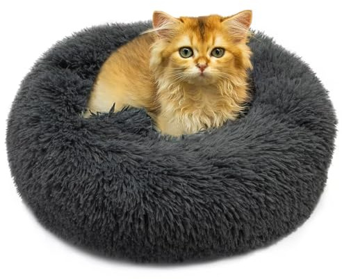 Qinxuepet Dog Bed, Cat Bed, Doughnut Cushion, Long Plush, 40cm Diameter Cat Bed Machine Washable, Fluffy Round Pet Bed Non-Slip, for Indoor Small Dogs Kittens, Dark Gray
