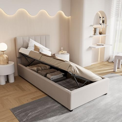 DAHUEN Letto imbottito 90 x 200 cm, letto contenitore idraulico con testiera regolabile in altezza, letto singolo per giovani con contenitore e rete a doghe, tessuto di lino, senza materasso (beige