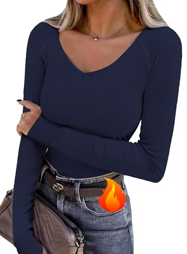 Wayleb Womens Long Sleeve T Shirts Basic V Neck Fashion Tops with Thumb Hole Plain Going Out Tunic Comfy Fleece-Lined Casual Shirt Navy Blue L
