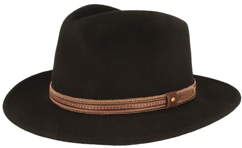 Bred utomhusfilt hatt – trekking ullhatt av 100 % ull – vattenavvisande och vikbar – med läderuppsättning – för män och kvinnor, Svart - uppsättning, 57