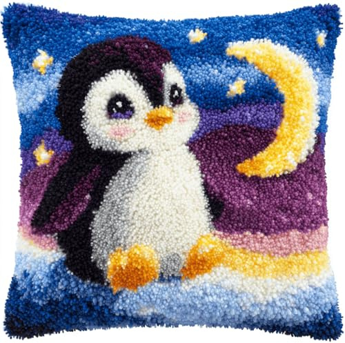 Taxpy Knüpfkissen Knüpfen Set Zum Selber Knüpfen,Pinguin Knüpfhaken-Set,Deko Kissenbezug,Kreativ Knüpfset Latch Hook Kit Für Kinder Und Erwachsene Geschenke 43 X 43 Cm