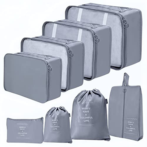 Set Organizer Valigie Viaggio 8 Pezzi, Cubi di Imballaggio Impermeabili, Organizer Valigia per Vestiti Scarpe Cosmetici Intimo, Borse da Viaggio Grigio