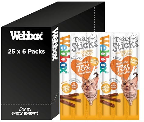 Webbox Tasty Sticks Cat Treats, Chicken and Liver - Kitten Friendly, Wheat and Grain Free, No Artificial Colours (25 x 6 Packs)