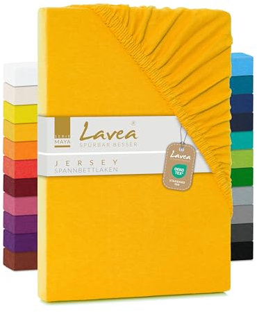 Lavea Spannbettlaken 180x200cm-200x200 - aus atmungsaktiver Baumwolle - Passgenau für Standardmatratzen bis 20cm - Goldgelbes Bettlaken mit Gummizug - Jersey Spannbetttuch 180x200cm-200x200