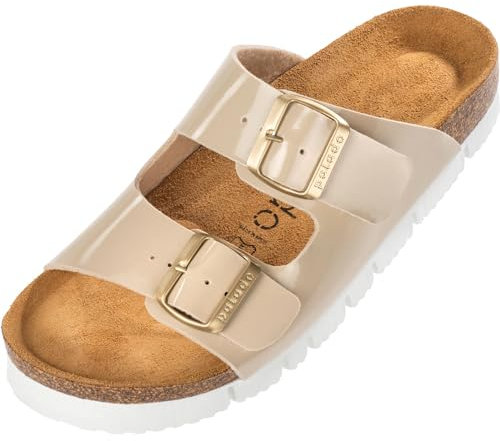 Palado Pantoletten Damen Korfu PL Lack - gefertigt in Spanien - edles Lack-Design - Veloursleder-Decksohle - bequemes Weichfußbett - Plateau-EVA-Sohle Beige UK7 - EU40