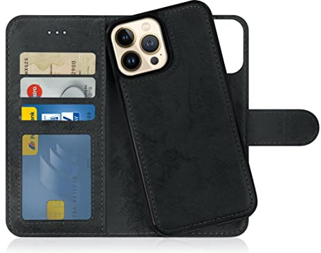 MyGadget Flip-fodral för iPhone 13 Pro Max - [avtagbart magnetfodral] - mobilfodral av konstläder - [flipfodral med kortplats] skyddsfodral i gråsvart