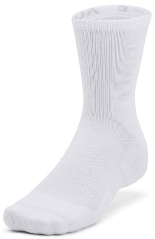 Under Armour Unisex 3-Maker 3 Pack Mid-Crew, calcetines deportivos transpirables con soporte y amortiguación, calcetines altos ligeros y cómodosWhite/White/Mod Gray,MD