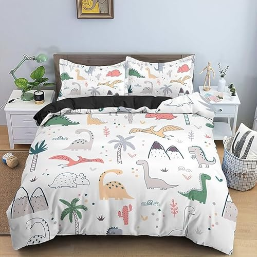ZZXHG Set Biancheria da Letto Singolo dinosauro Bianco Bambino, Copripiumino Singolo 150x200 per Bambini, Copripiumini in Microfibra con Cerniera e 2 Federe 50x80, Copri Piumone Traspirante