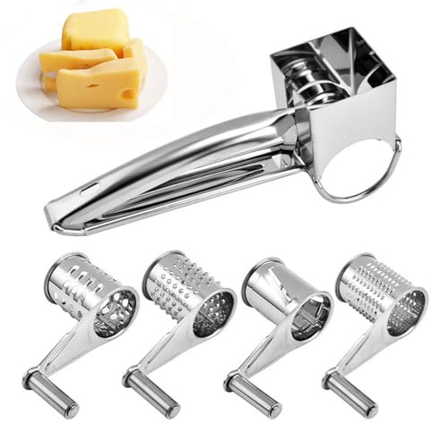 Cheese Grater, Stainless Steel Hand Crank Cheese Grater Comes with 4 Planer Heads & Stand, Suitable for Left and Right Handed People, Nuts, Ginger, Carrots