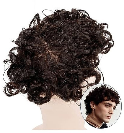 Pelucas para Hombre Postizo rizado de 25 mm Prótesis de cabello mono masculino fino Hombres Toupee # 2 Sistema de reemplazo de cabello humano indio 7 Remy Hair Men's Toupee Peluca rizada para uso dia