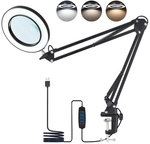 Förstoringsglas med ljus, lupplampa med klämma 8 och 10 fack LED-lupplampa, 3 färglägen, 10 ljusstyrkenivåer dimbar skrivbord för hobby, hantverk, läsning, äldre (svart – 8 x 10 x)