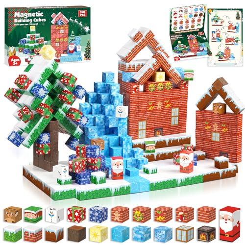 Annexfun Magnetische Bausteine 150 Stück Magnetic Building Blocks Bauen Weihnachtlich geschmückte Winterdorf und Lebkuchenhaus Weihnachten Steht vor der Tür Spielzeug ab 4 5 6 7 8 9 10 Jungen