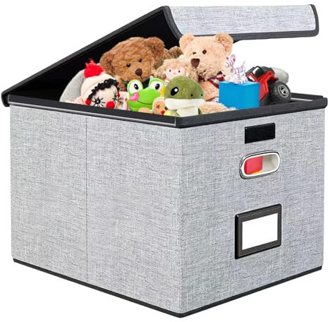 heavenlife 33L Caja Almacenaje Grande con Tapa, Cestas Organizadoras de Tela, 38 * 32 * 27.5cm Cubos de Almacenamiento Plegables, Cubo de Almacenaje con Asas para Guardar Ropa, Libros, Juguetes(Gris)