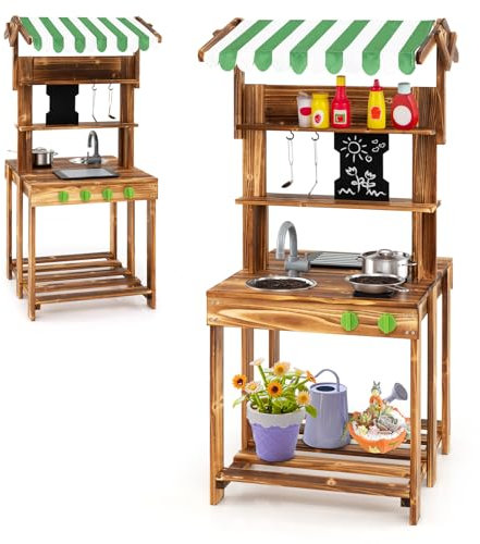 RELAX4LIFE Cucina Giocattolo per Bambini, Cucina da Esterno in Legno con Fornello, Rubinetto e Lavagna, Cucina da Gioco per Bambini 3+ Anni