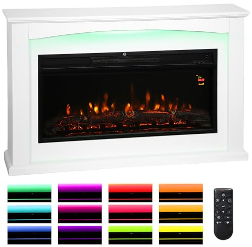 HOMCOM 48/121 cm Electric Fireplace with Realistic Flame Effect & 5 Brightness Levels, 1000W/2000W Inset Electric Fire and Mantel Reach up to 30 m² Space with Remote & Timer for Living Room, White