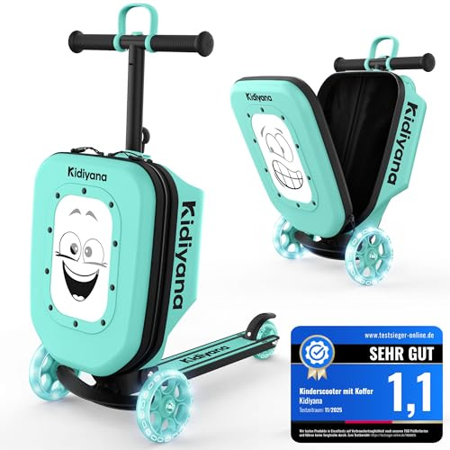 Kidiyana Scooter resväska, barnväska med skoter och LED-hjul, höjdjusterbart styre, A5-visningsfönster, 7 cm förvaringsutrymme, lämplig som handbagage, skoter, gåva för 2–8 år, grön