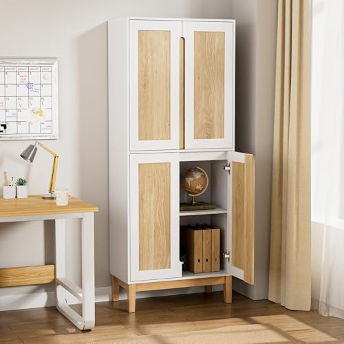 UEV Aparador Alto Multifuncional de 4 Puertas con Estantes Ajustables, para Despensa y Salón, con Diseño Moderno Bicolor, 60 x 30 x 150 cm, Blanco + Natural