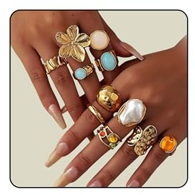 Vesavifaka Chunky Gold Ringe Für Damen, 11 Stück, No Deslustre, Perla Barroca Flores Ojo de Tigre Anillos Ajustables, Set de Anillos Apilables de Declaración Joyas de Moda Regalo