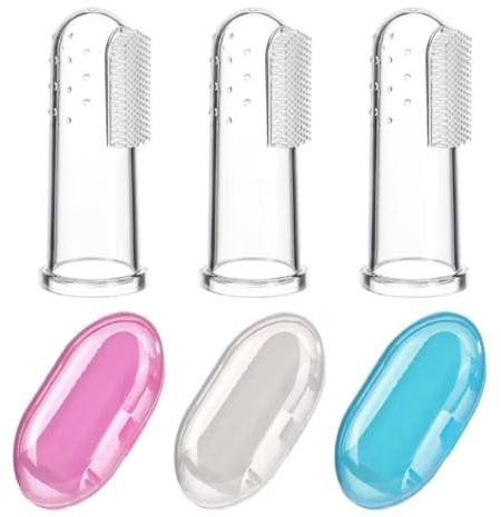Finger Toothbrush for Babies with Storage Case, Soft Silicone, 3 Pack, Pink Blue Clear