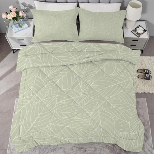 Generico Piumino Matrimoniale Foglie Trapunte Piante Piumone Imbottito Resistente Lavabile, Super Morbida Trapunta, piumini 240x260 cm in Microfibra Reversibile e 2 Federa 50x80 cm Q246