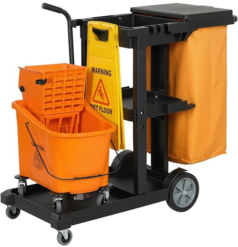 HOMCOM Carrello Pulizie Professionale 3 Ripiani, Sacco per Immondizia 70L