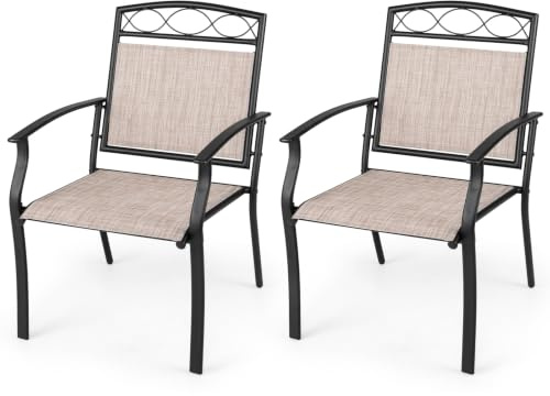 GOPLUS Lot de 2 Chaises de Jardin en Tissu Respirant, Cadre en Métal | Fauteuil Salle à Manger Extérieur avec Dossier Incliné, Accoudoirs, pour Balcon Terrasse, Charge 150 kg, 60,5 x 73 x 92,5 cm