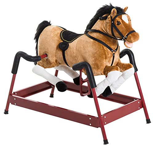 Qaba Durable Plush Toddlers Spring Rocking Horse, Bouncing Rocker Toy with Realistic Sounds