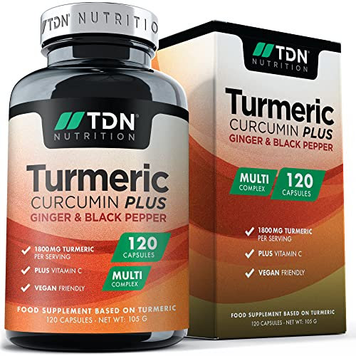 Turmeric and Black Pepper Capsules, Ginger and Vitamin C - Premium Grade High Strength Turmeric Supplements 1800mg - 120 Vegan Curcumin Capsules (not Tablets or Powder) - UK Formulated