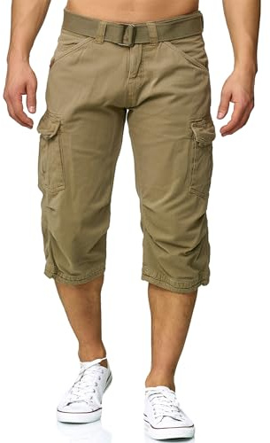 Indicode Herren Nicolas Check 3/4 Cargo-Shorts inkl. Gürtel | Herrenshorts aus Baumwolle Greige, 3XL