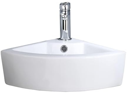 Small Corner Wall Mount Bathroom Sink and Faucet Combo - VOKIM White Porcelain Ceramic Above Counter Mini Vanity Vessel Sink with Chrome Faucet and Pop-up Drain Combo