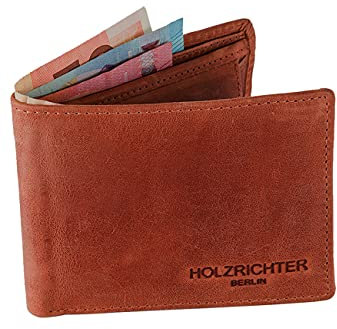 HOLZRICHTER Berlin - Herren Geldbörse aus Leder (No 1-2), 9x12x1 cm im Querformat, Edles Portmonnaie mit 6 Fächer, 2 Einschubfächer und 1 Münzfach, Geldbeutel, Cognac