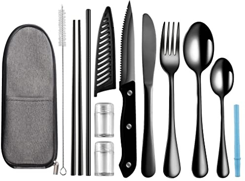 Logcow Travel Utensils with Case, Stainless Steel Cutlery Set, Black