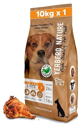 Yerbero Nature Chicken & Rice Pienso sin Gluten con Pollo para Perros, alimento Hipoalergénico con Alta Digestibilidad, Comida Natural y Omega 3 y 26% de Proteína, 10 Kilos