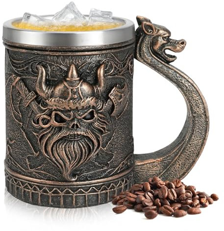 ZZBIQS Tazas de Cerveza Nórdicas Vikingas para Hombres, Guerrero con Cuernos y Casco de Batalla Tazas para Beber Café, Taza de Acero Inoxidable para regalo de coleccionista, regalo del Día del Padre