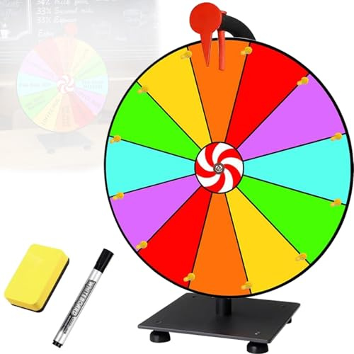 Mockotta 30cm Roue de la Fortune, Roue de La Fortune, 12 Emplacements à Personnaliser, avec Gomme et Marqueur, Roue de Prix Tournante pour Jeux de Mots, Halloween, Noël, Nouvel an