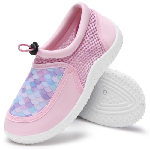 WateLves Kids Water Shoes for Boys and Girls Quick Dry Barefoot Aqua Socks Beach Swim Pool Shoes Toddler Little Kid to Big Kid(Pink Fish Scales, 23)