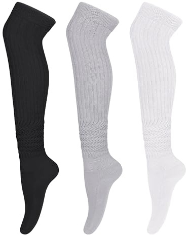 HRUTANE Womens Thigh High Socks Extra Long Knit Over Knee Stockings Winter Warm Thick Scrunch Slouch Soft Tall Leg Warmers, A-Black+Grey+White