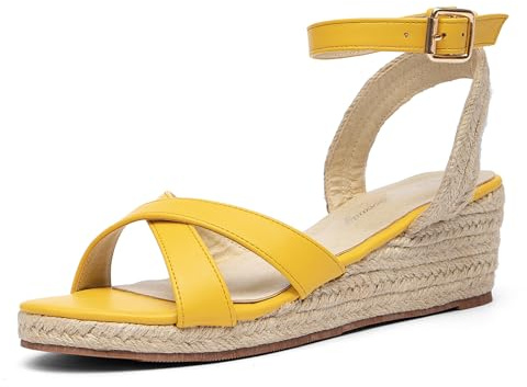 getmorebeauty Women's Espadrilles Wedge Sandals Crisscross Elastic Open Toe Buckle Ankle Strap High Heels Platform Dressy Shoes (Yellow, US6)