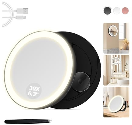 MOMOKUBA 30X Magnifying Mirror Suction Cup, 6 Makeup Mirror with Lights, Rechargeable with 3 Color & Dimmable Lights for Precision Makeup, Fits Hanging/Handheld/Desktop/Bathroom/Travel, Black