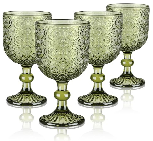Joeyan 350ml Vintage Weingläser Grün, Blütenrelief Kelche mit Stiel, Weinkelche Landhausstil für Saft Getränke,Bunt Rotweingläser Weißweingläser Trinkgläser mit Fuß,Set von 4,Spülmaschinenfest